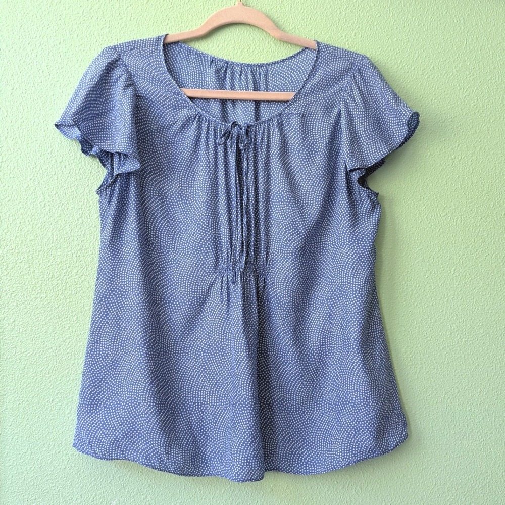 Blue‎ White 100% Silk Dot Pintuck Lightweight Flutter Sleeve Blouse Top